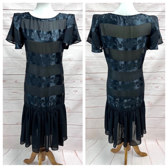 Vintage Satin Floral Striped Flutter Sleeve Ruffle Long Shift Cocktail Dress - Picture 7 of 12